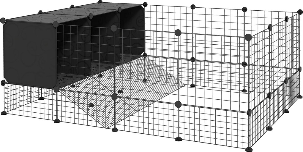PawHut Recinto para Pequenos Animais Modular Parque para Coelhos com 39 Painéis 3 Abrigos para Cobaias e Coelhos-da-Índia Preto | Aosom Portugal