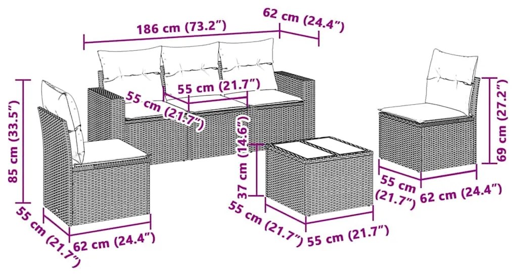 6 pcs conj. sofás jardim com almofadões vime PE cinzento-claro