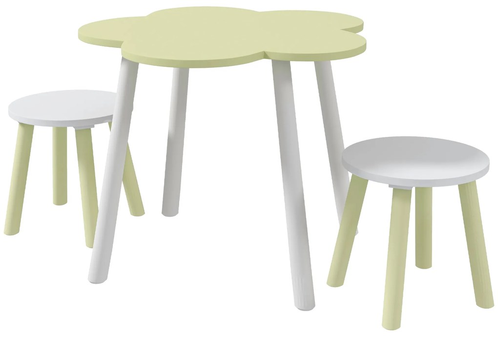 ZONEKIZ Conjunto Mesa 2 Cadeiras Crianças 2-5 Anos Mesa Ø59x50 cm Cadeiras Ø28x26 cm Estilo Moderno Verde Pastel Branco