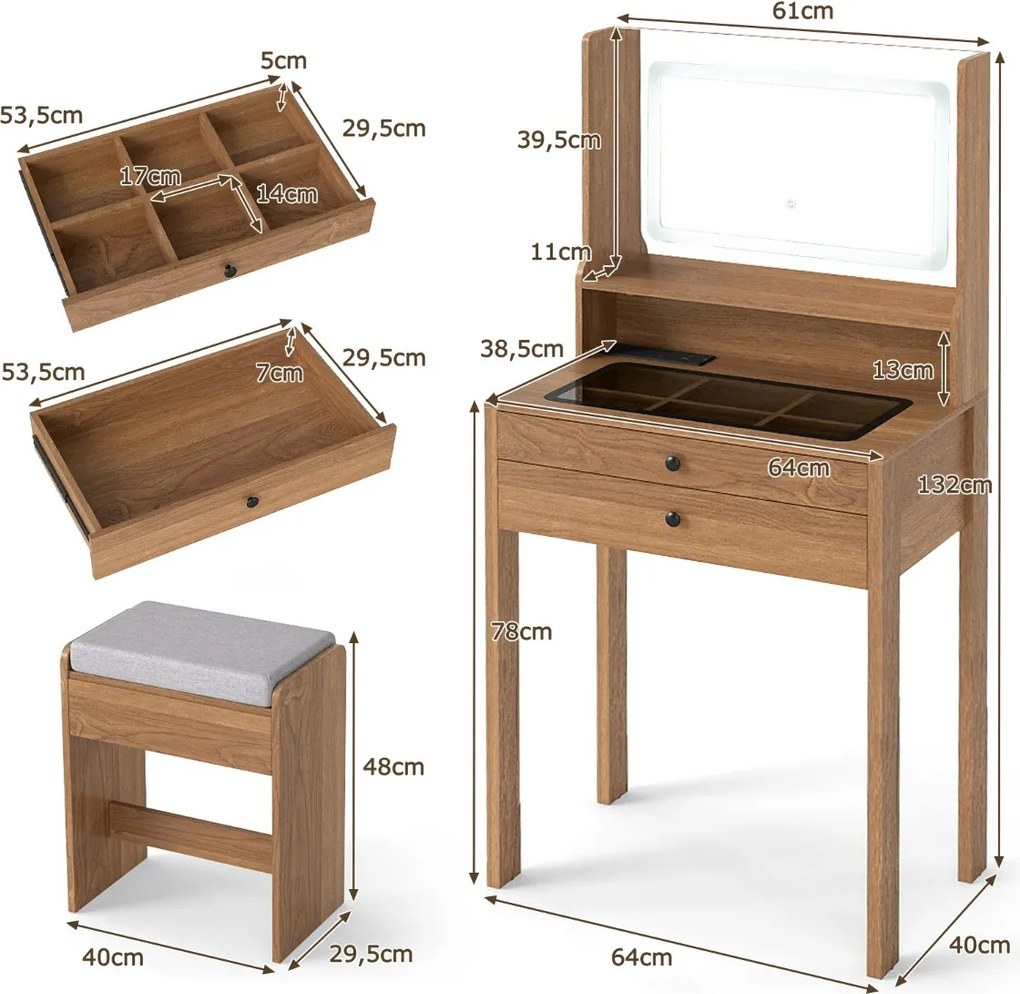 Toucador com espelho e iluminação Mesa de maquilhagem com tomadas elétricas 3 modos de iluminação e banco acolchoado natural