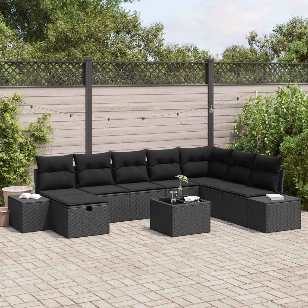 Conjunto de Sofá de Jardim de 9 Peças com Almofadas Preto Vime PE