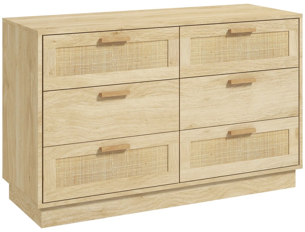 HOMCOM Cómoda Quarto 6 Gavetas Vime Estilo Boêmio Corredor Escritório 110x40x69 cm Carvalho | Aosom Portugal