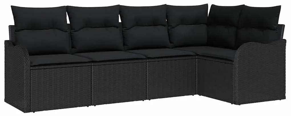 Conjunto de Sofá de Jardim de 5 Peças com Almofadas Preto Rattan Polié