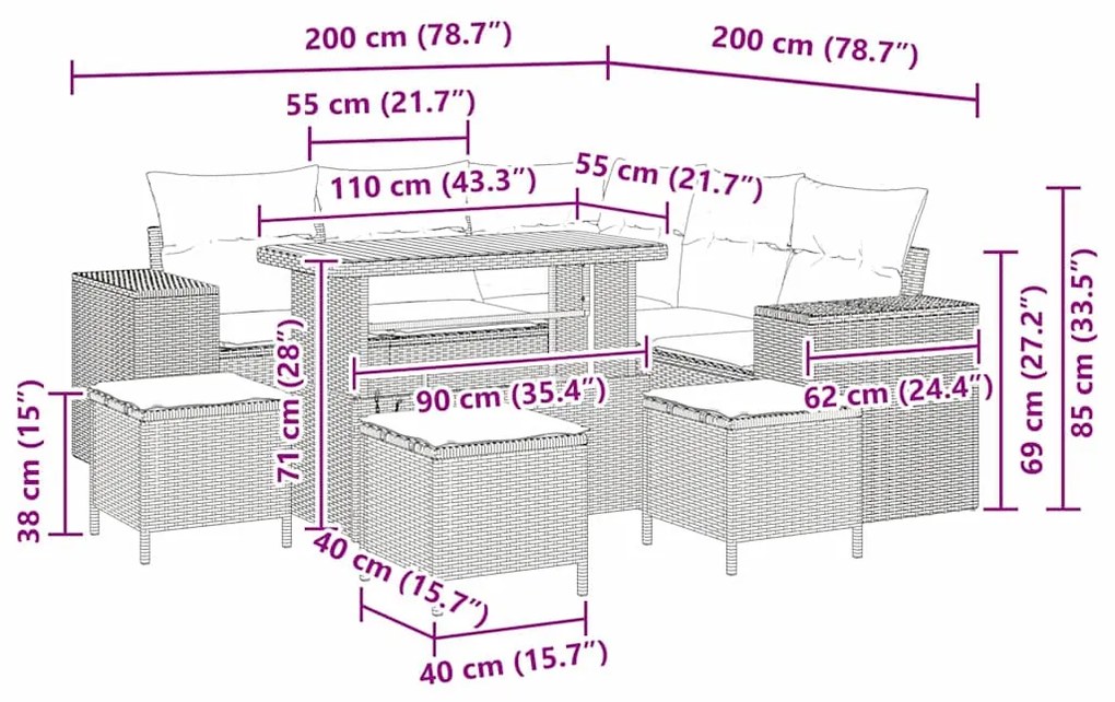 Conjunto de Sofá de Jardim de 9 Peças com Almofadas de Rattan Preto e