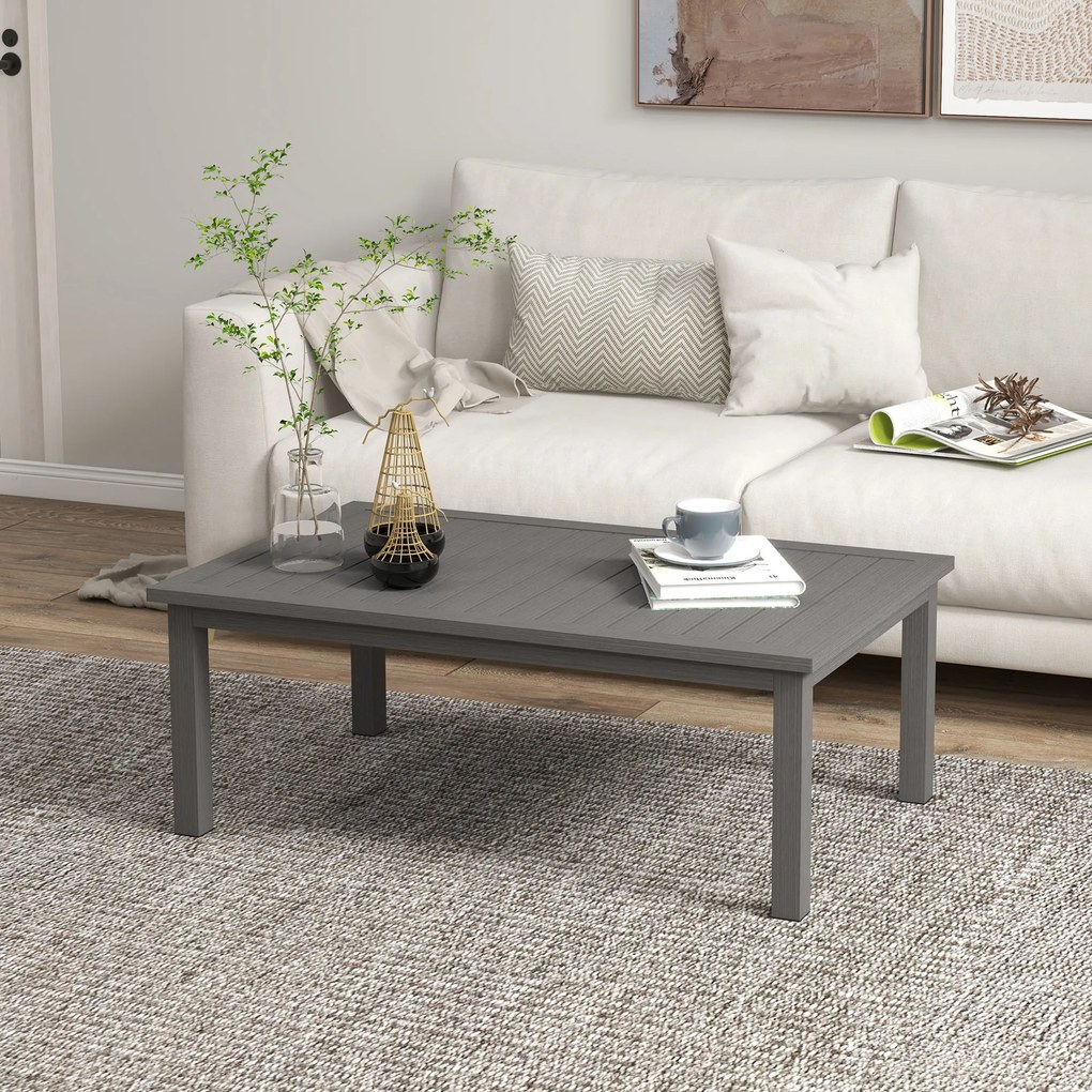 Mesa de centro retangular com tampo de ripas para interior/exterior em alumínio, 100 x 60 x 37 cm, castanho