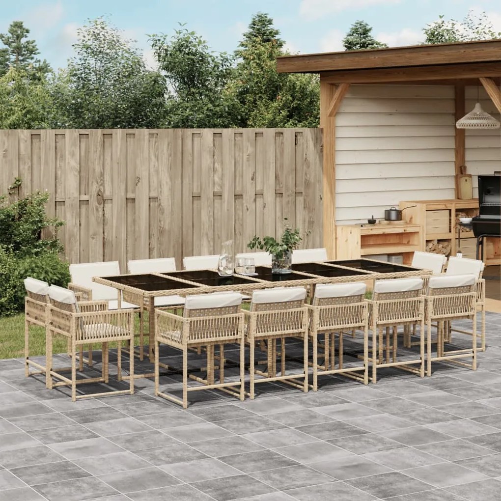 vidaXL 15 pcs conjunto de jantar p/ jardim com almofadões vime PE bege