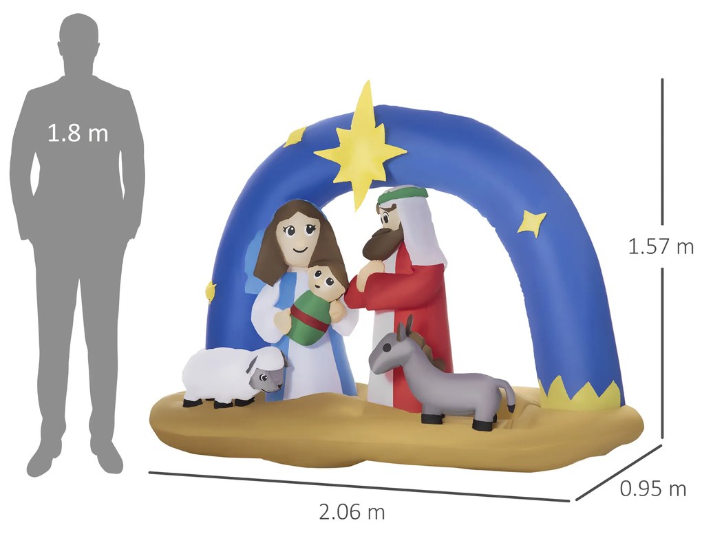Decoração Insuflável de Natal 157cm com Luzes LED IP44 Incluí Inflador Tipo Arco Biblico do Nascimento de Jesus para Festas Jardim Exterior 206x95x157cm Multicor