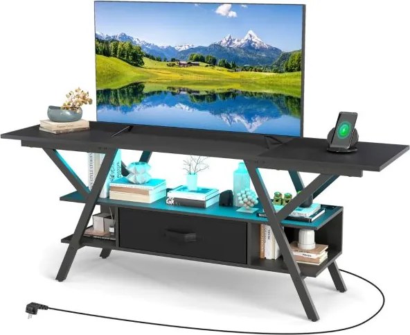 Móvel de TV de 140 cm armário de televisão de 55-65 polegadas 3 níveis com luzes LED coloridas ajustáveis Preto
