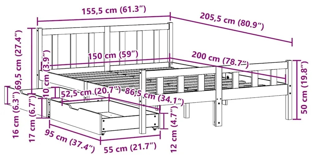 Cama sem colchão 150x200 cm madeira de pinho maciça branco