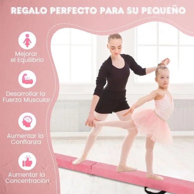 Barra de equilíbrio dobrável para crianças, 240 cm, barra de ginástica com alça de transporte, rosa