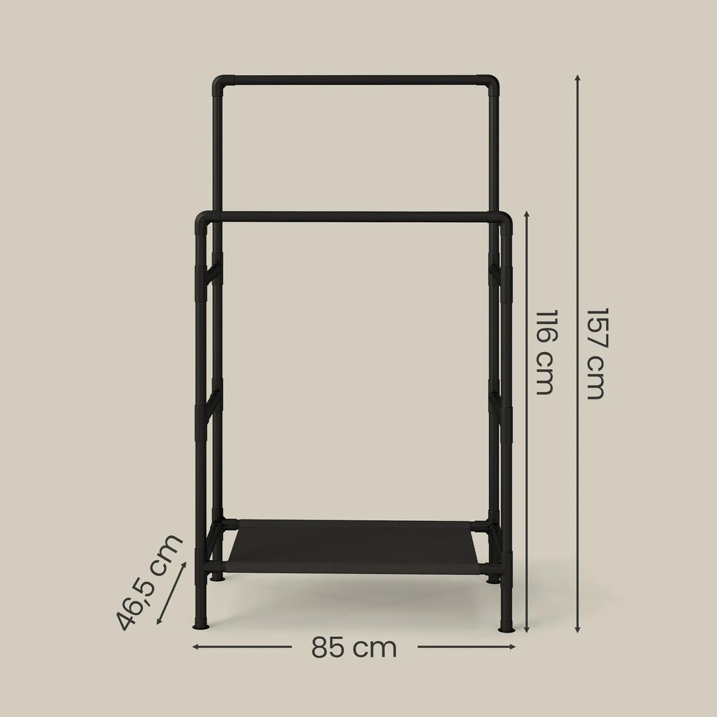 Guarda roupa, cabide aberto em metal 83 x 45 x 157 cm, com prateleira e duas varas, cabideiro para o hall de entrada preto
