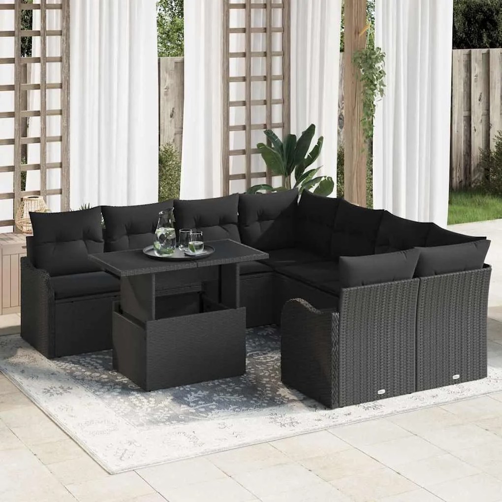 vidaXL Conjunto de Sofá de Jardim 9 pcs Preto Rattan de Polipropileno
