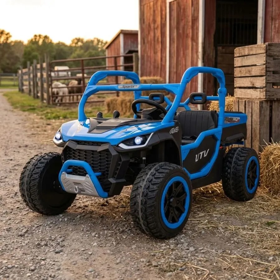 Carro elétrico para Crianças 3 a 7 anos,  2 Lugares Farmer Truck UTV Racing 24V 4x4 Rodas Espuma EVA, assento couro ecológico Azul