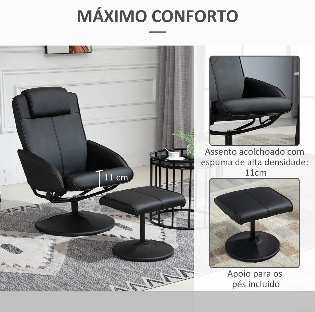 Poltrona Relax Reclinável até 145° com Banco de Apoio para os Pés Estofada em PU e Estrutura de Aço 78x67x98 cm Preto