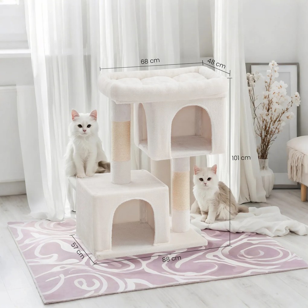 Arranhador para gatos com 101 cm de altura, grande plataforma 68 x 48 x 101 cm branco creme