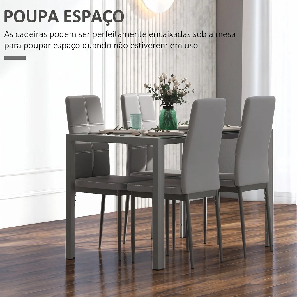 Conjunto de Sala de Jantar 5 Peças com Mesa Retangular de Vidro Temperado e 4 Cadeiras em PU Cinzento