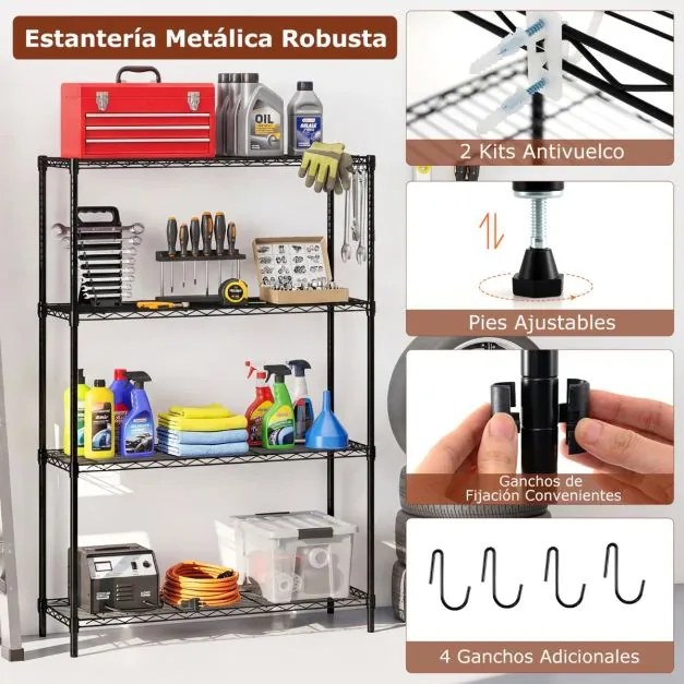 Estante metálica ajustável 91 x 35 x 138,5 cm de 4 níveis com grelha de arame com capacidade para 452 kg para casa, cozinha, garagem, escritório Preta