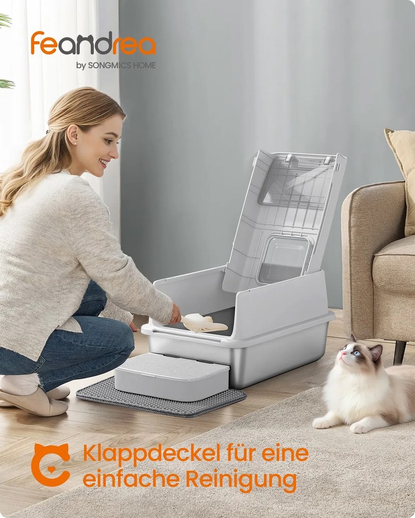 Caixa de areia para gatos em aço inoxidável com tampa e acessórios 60 x 40 x 38 cm cinzento claro