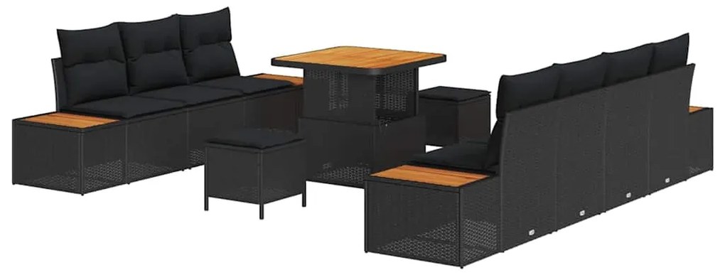 Conjunto de Sofás de Jardim de 10 Peças com Almofadas Preto Vime Poli