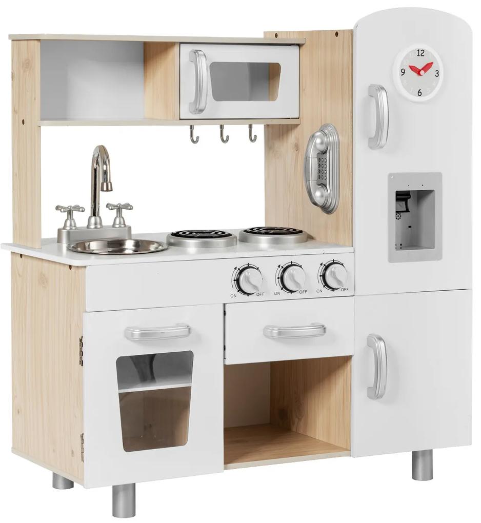 Cozinha de brincar em madeira com telefone, fogão, geladeira, micro-ondas, pia removível, dispensador de água, cozinha para crianças