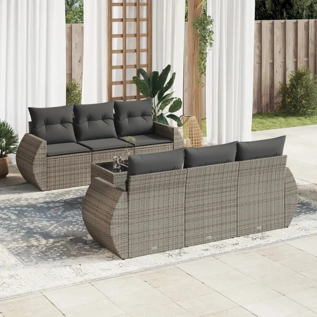 7 pcs conjunto sofás p/ jardim c/ almofadões vime PE cinzento