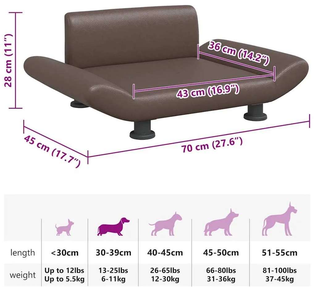 Cama para cães 70x45x28 cm couro artificial castanho