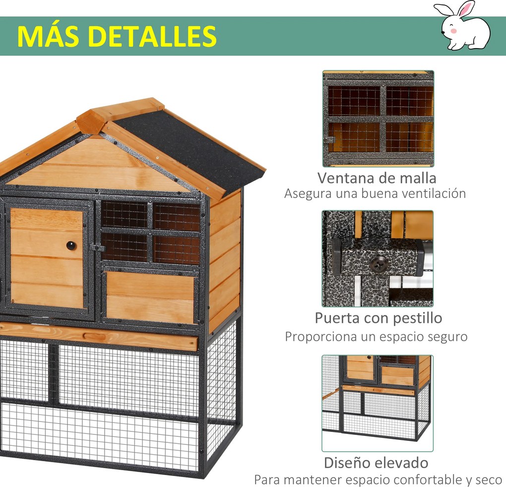 Coelheira para pequenos animais de estimação de 2 níveis com rampa e bandeja removível 122x63x92 cm madeira e cinza