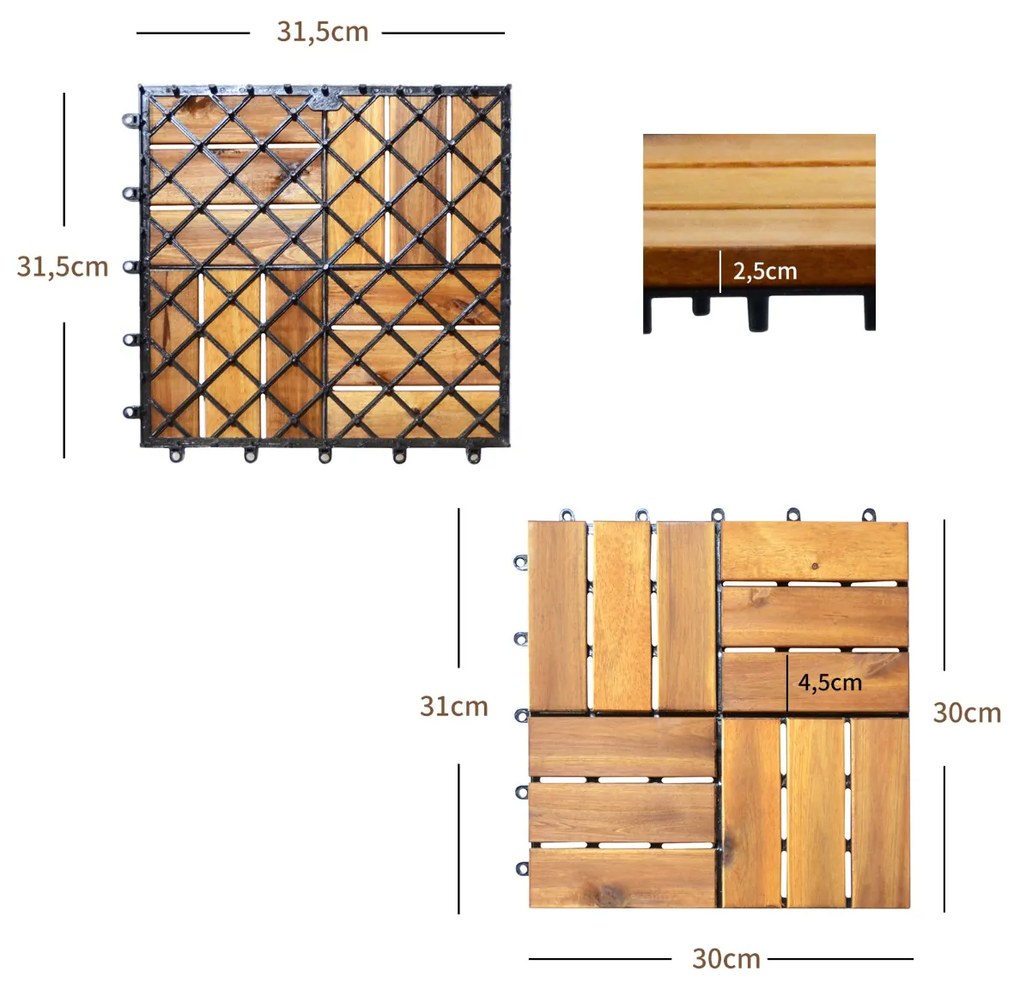 Conjunto 27 ladrilhos de madeira de acácia sem ferramentas para interior/exterior 30 x 30 x 2,5 cm Natural