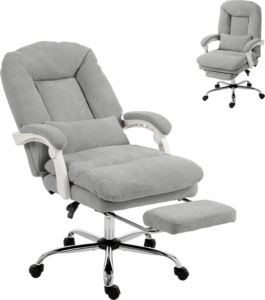 Cadeira de escritório ergonómica, cadeira de escritório reclinável em veludo com apoio lombar, altura ajustável, cinzento claro