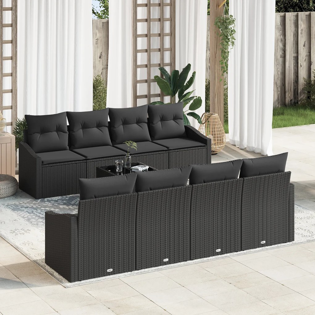 vidaXL Conjunto de Sofá de Jardim de 7 Peças com Almofadas Preto Rattan PE