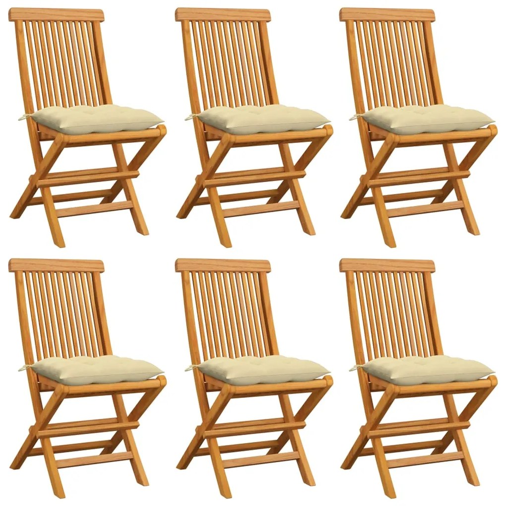 vidaXL Cadeiras de jardim c/ almofadões branco nata 6 pcs teca maciça