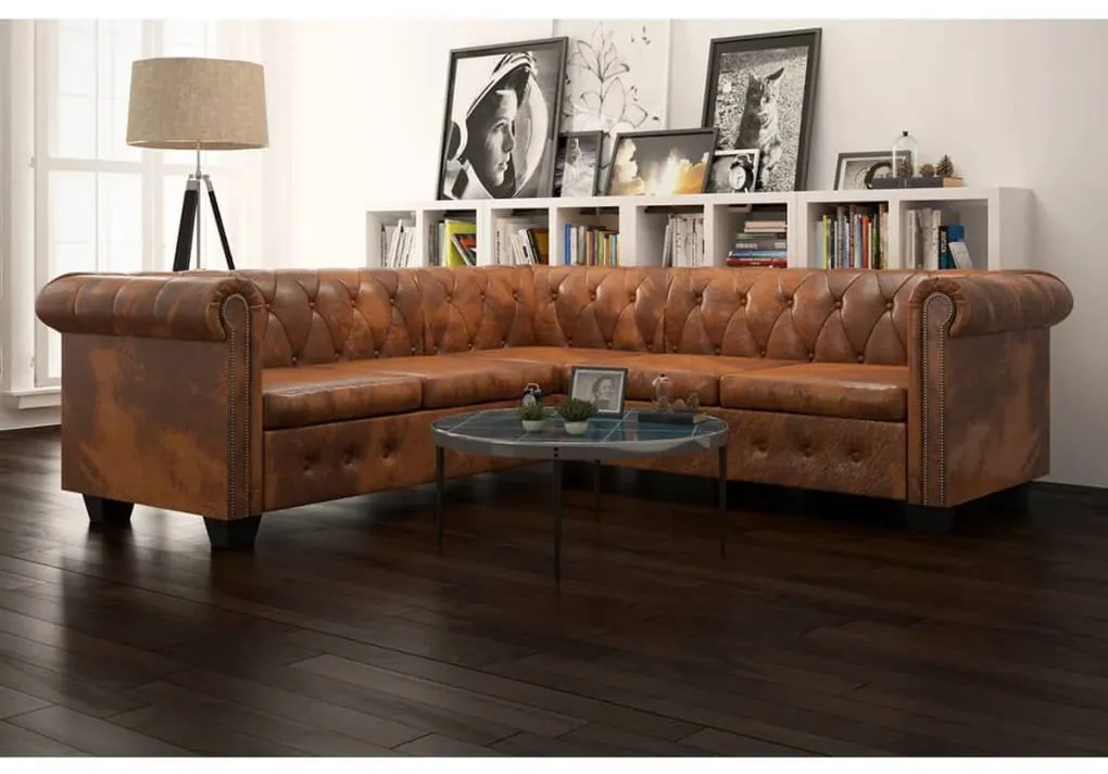 243615 vidaXL Sofá de canto Chesterfield 5 lugares couro artificial castanho