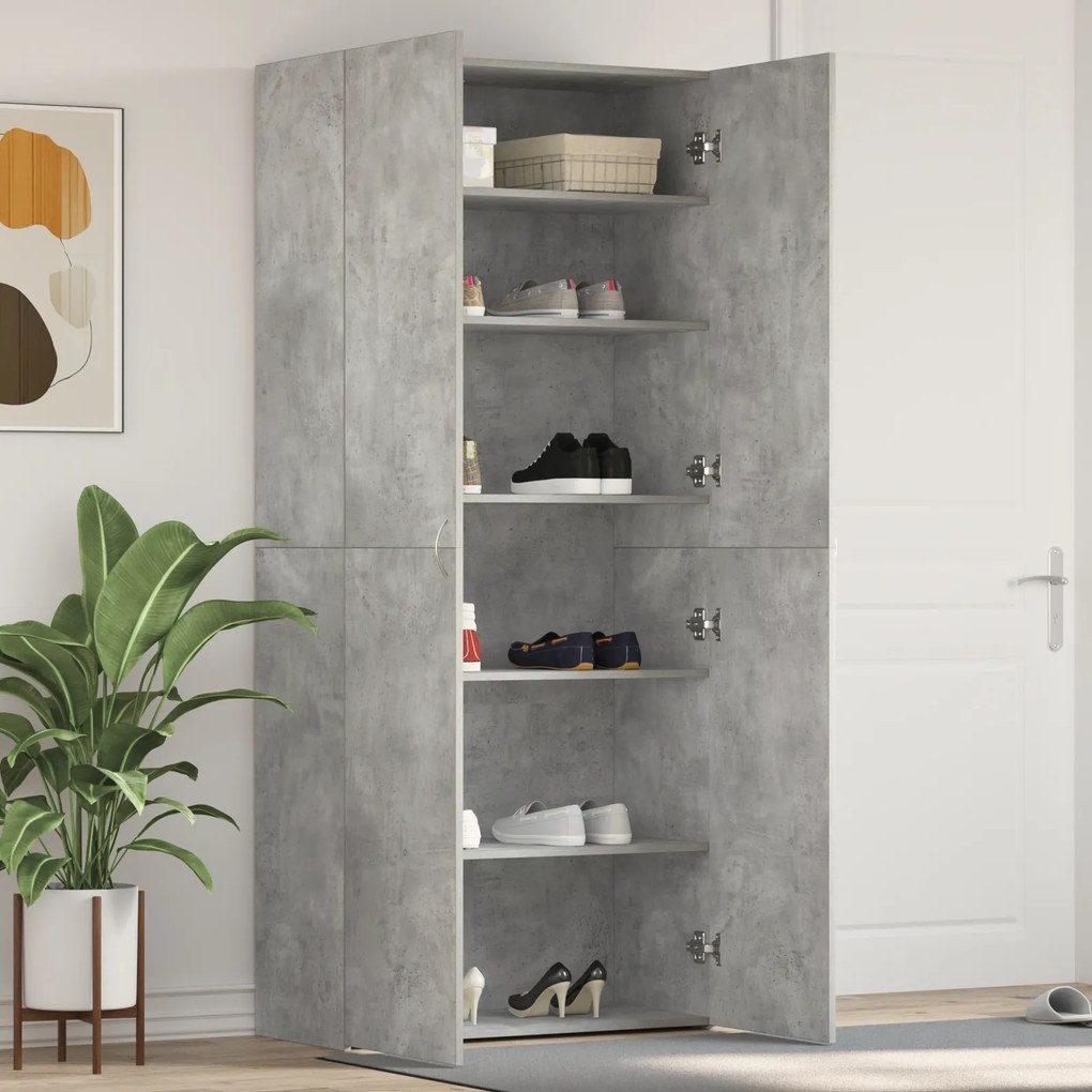 vidaXL Armário de Sapatos Cinza Betão 80x35,5x180 cm Madeira Engenharia