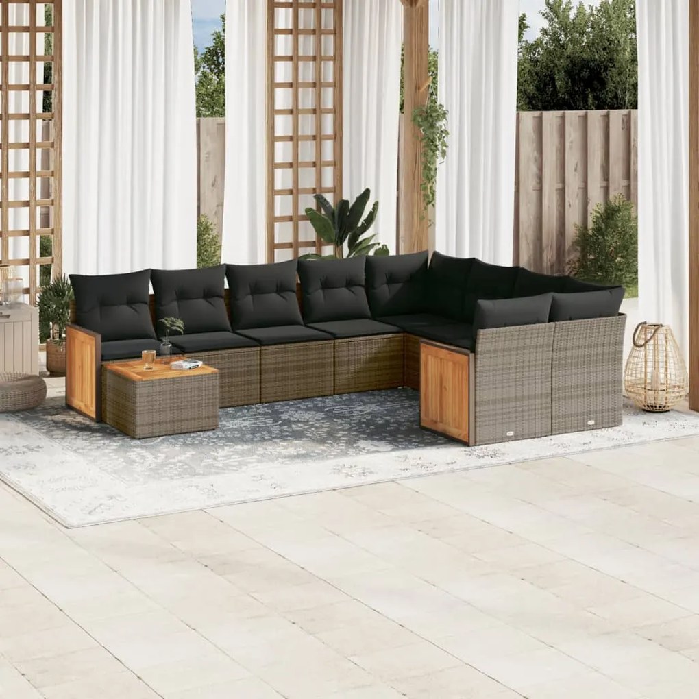 10 pcs conjunto sofás de jardim c/ almofadões vime PE cinzento