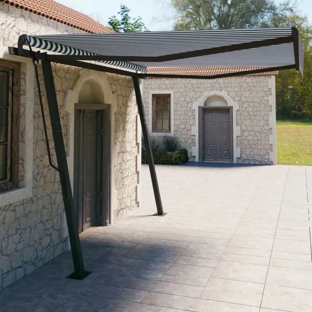 vidaXL Toldo retrátil manual com postes 4x3 m azul e branco