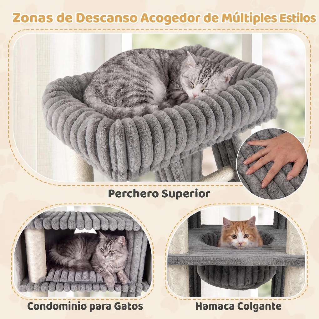 Árvore para Gatos Multinível, 91 x 61 x 180 cm, Base Ampla Antitombamento, Cinzento
