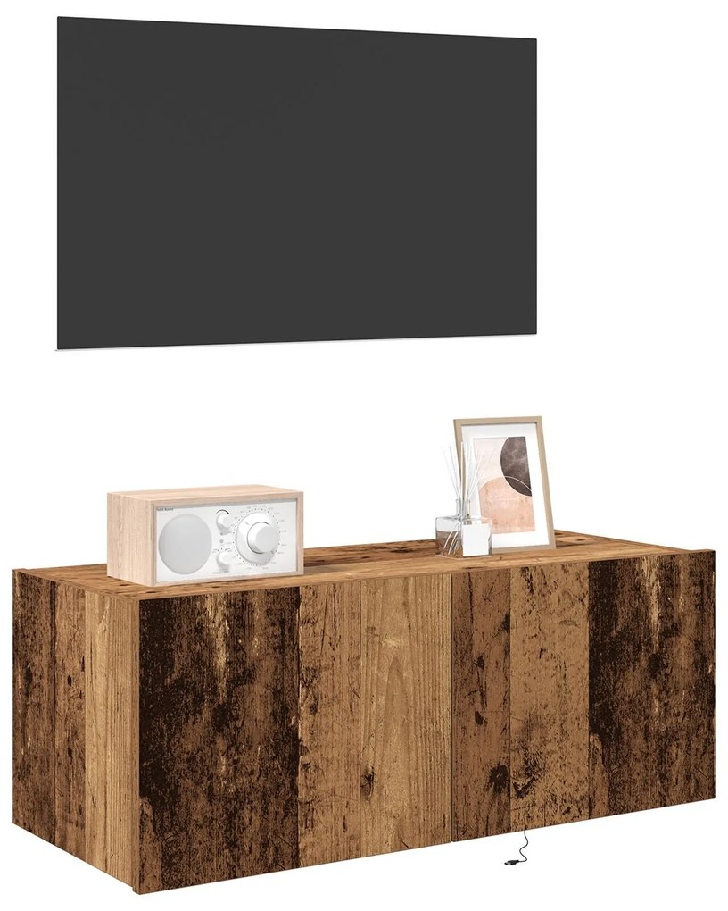 Armário de TV vidaXL com luzes LED Madeira velha 80x35x31 cm