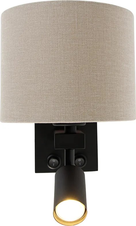 Candeeiro de parede preto com luz de leitura e abajur 18 cm castanho claro - Brescia