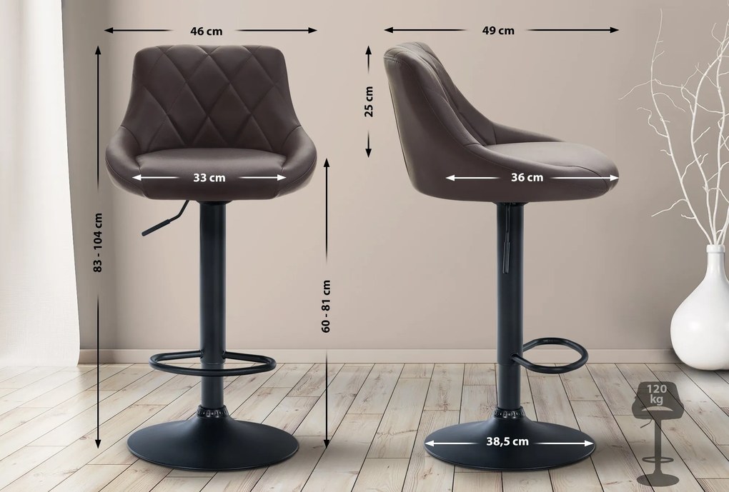 Banco de bar Lazio em couro sintético e com estrutura preta 46 x 83-104 x 49 cm Castanho