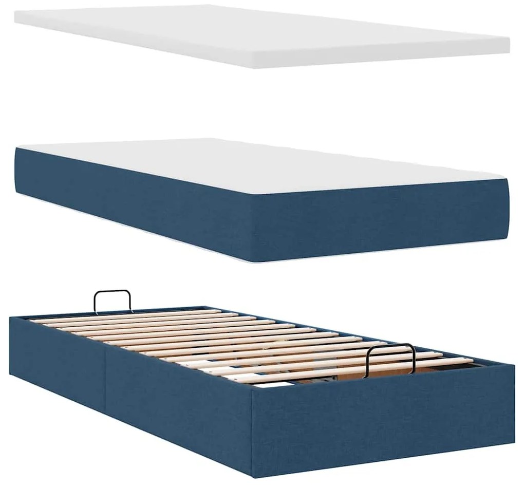 Cama Otomana com Colchão & LEDs Tecido Azul 90x200 cm