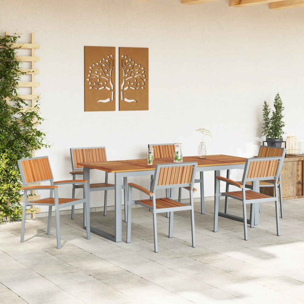Conjunto de Cadeiras de Jardim Empilháveis 6 pcs Cinza Aço e Madeira d