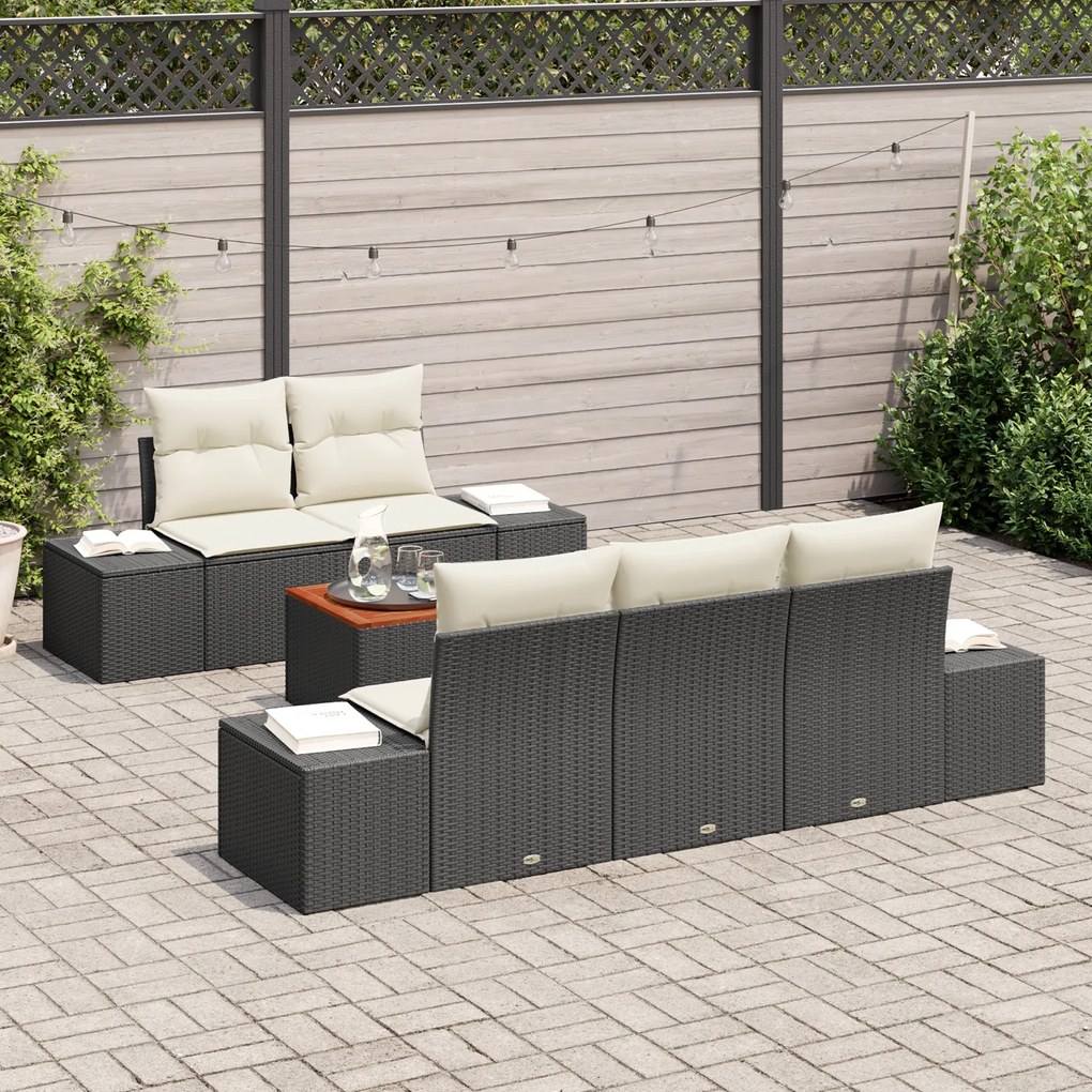 Conjunto de Sofá de Jardim de 6 Peças com Almofadas Preto Rattan Polié
