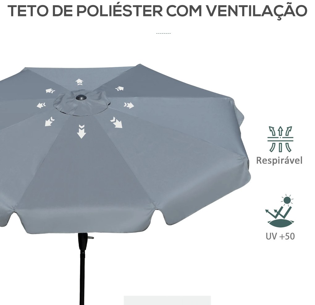 Chapéu de Sol de Jardim Ø266x248,5 cm Proteção UV50+ Chapéu de Sol de Alumínio Inclinável com Teto de Ventilação Cinza Escuro