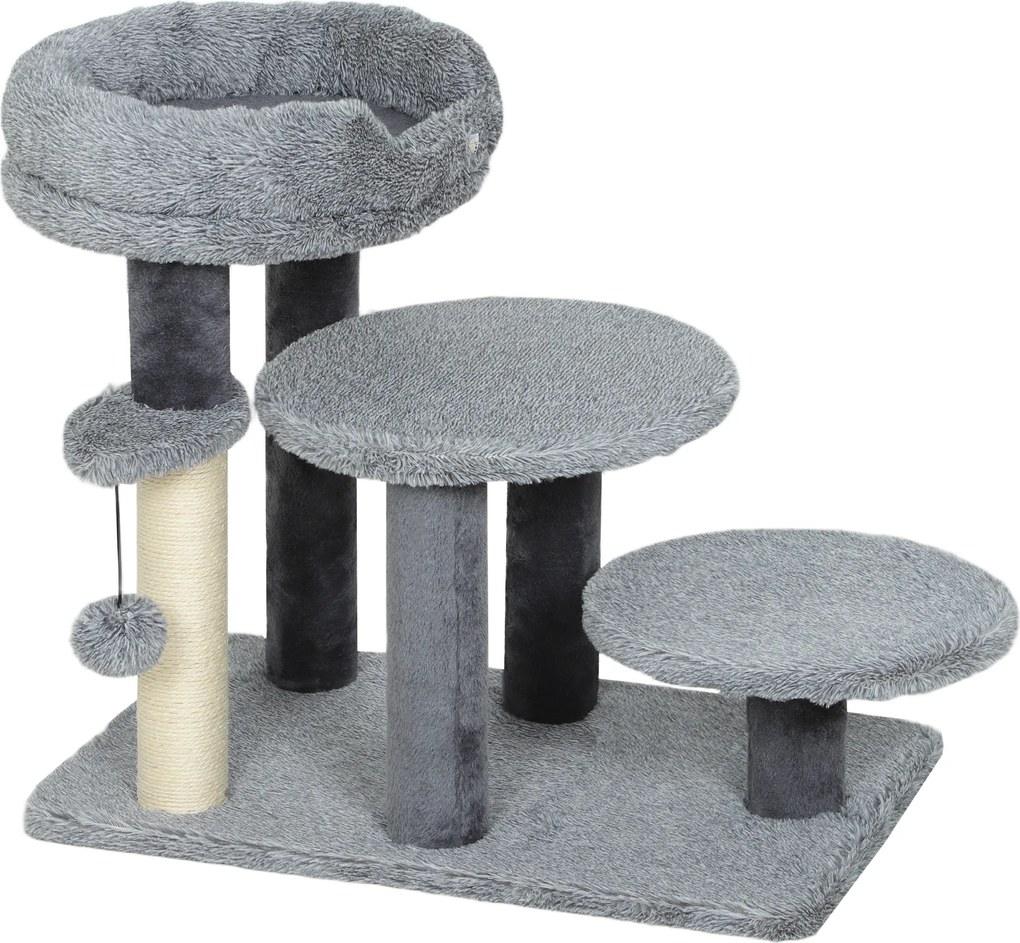 PawHut Arranhador e Escada para Gatos, base larga, tecido de pelúcia, poste de sisal, Cinza | Aosom Portugal