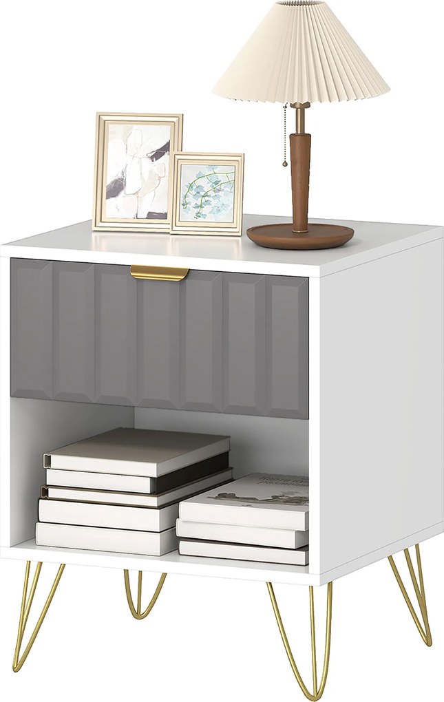 Mesa de cabeceira 45 x 40 x 55, mesa auxiliar com compartimento aberto, gaveta e puxador, pés em aço, branca