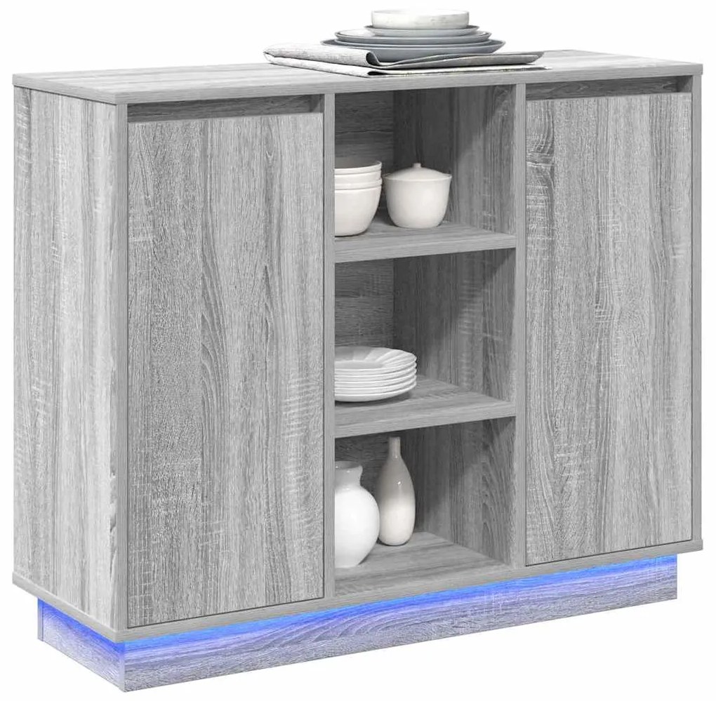 Sideboard com LED Cinza Sonoma 90x32x75 cm Madeira de Engenharia