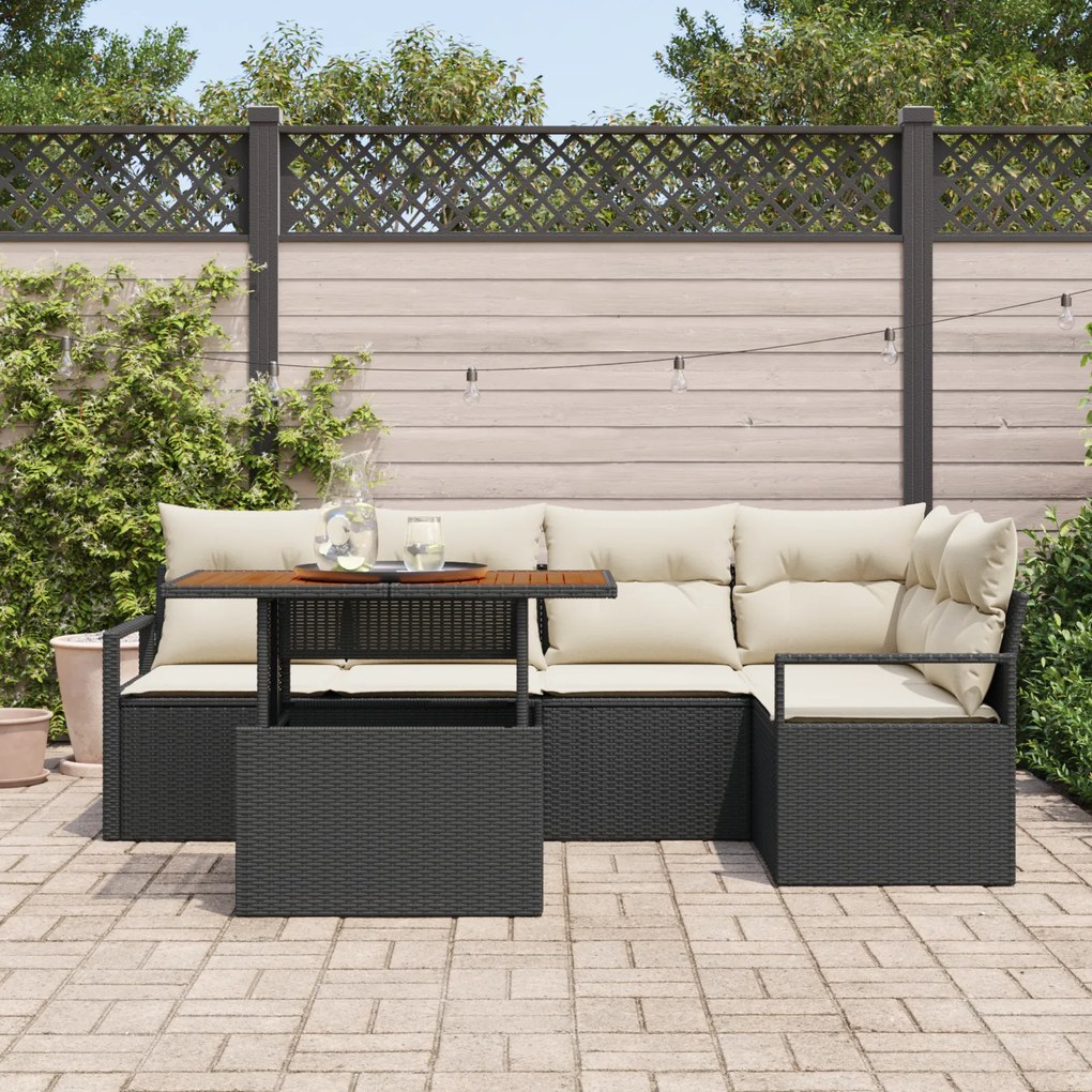 Conjunto de Sofá de Jardim vidaXL de 6 Peças com Almofadas Preto Ratta
