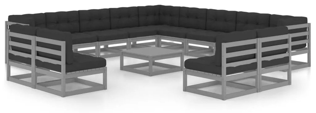 vidaXL 14 pcs conj. lounge de jardim + almofadões pinho maciço cinza
