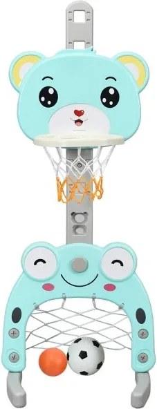 Cesto de basquetebol e futebol em forma de urso Centro de actividades 3 em 1 para crianças 54 x 49 x 133-158 cm Turquesa e cinza
