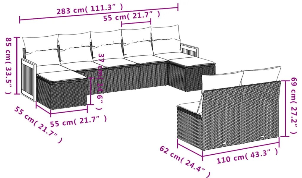 9 pcs conjunto de sofás p/ jardim c/ almofadões vime PE preto